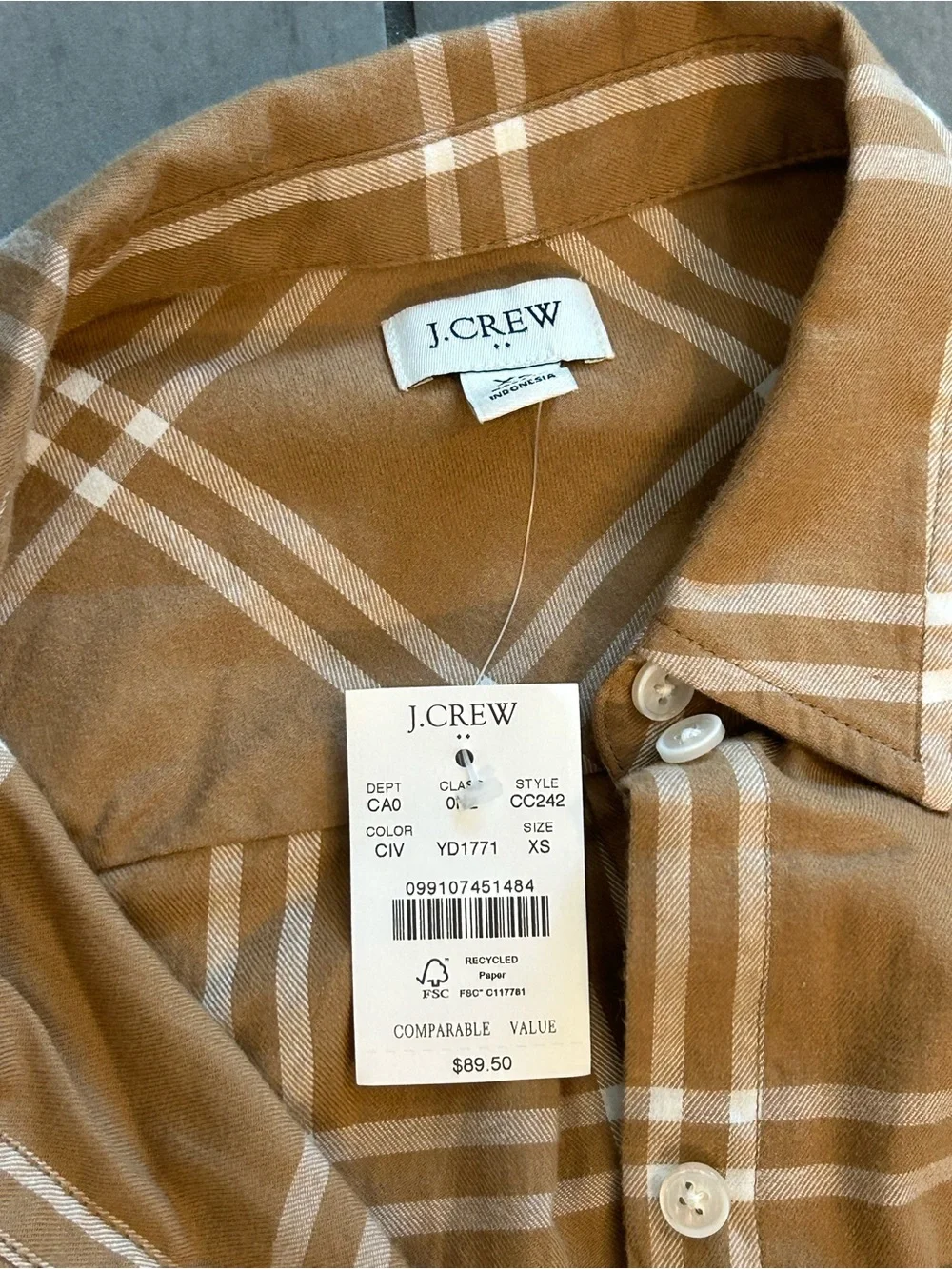 NWT J. Crew Flannel Shirt for Women - Gold & White